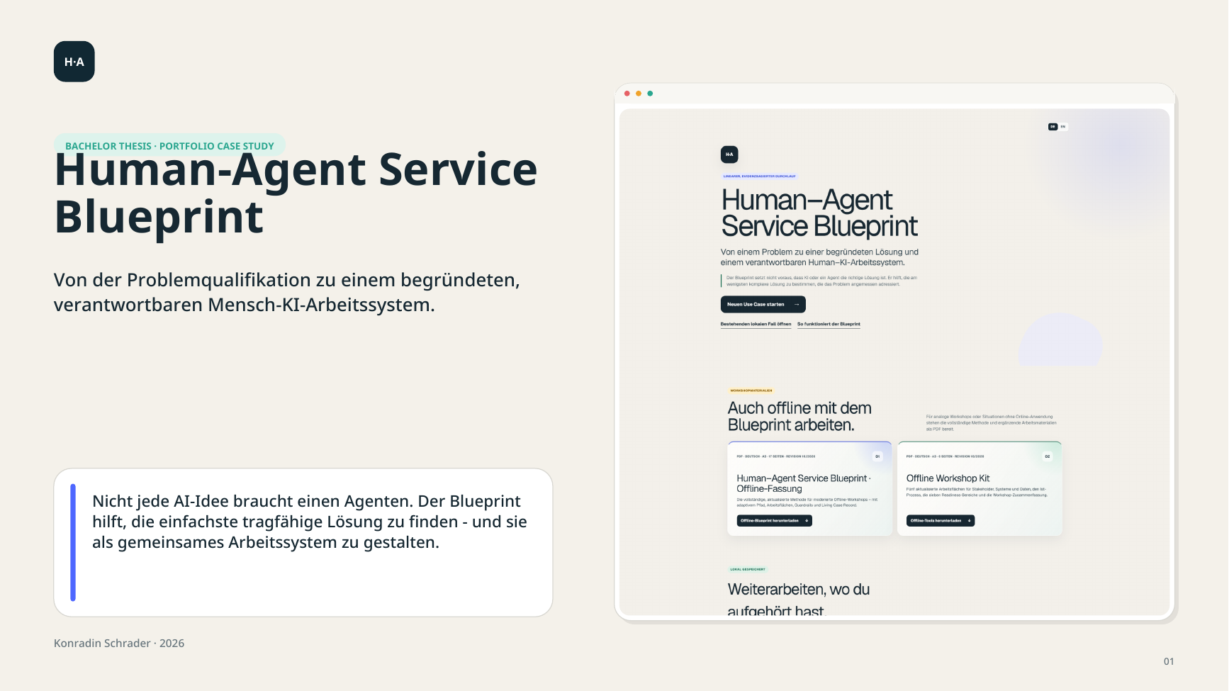 Cover of the Human-Agent Service Blueprint bachelor thesis, featuring a screenshot of the interactive web application.